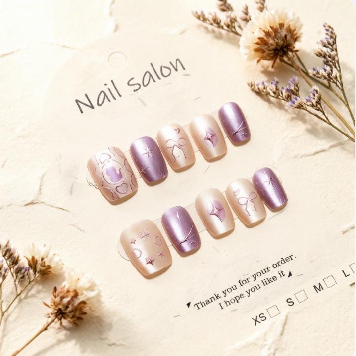 Dreamy Purple Cat Eye Nails: Bow, Heart, Star, Moon Designs – Sweet, Girly, Romantic High-End Press-On Tips