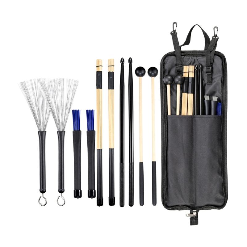 Complete Drum Accessories Comprising Assorted Drumsticks Brushes Mallets Bamboo Rods Waterproof Storage Bag with Pocket 1