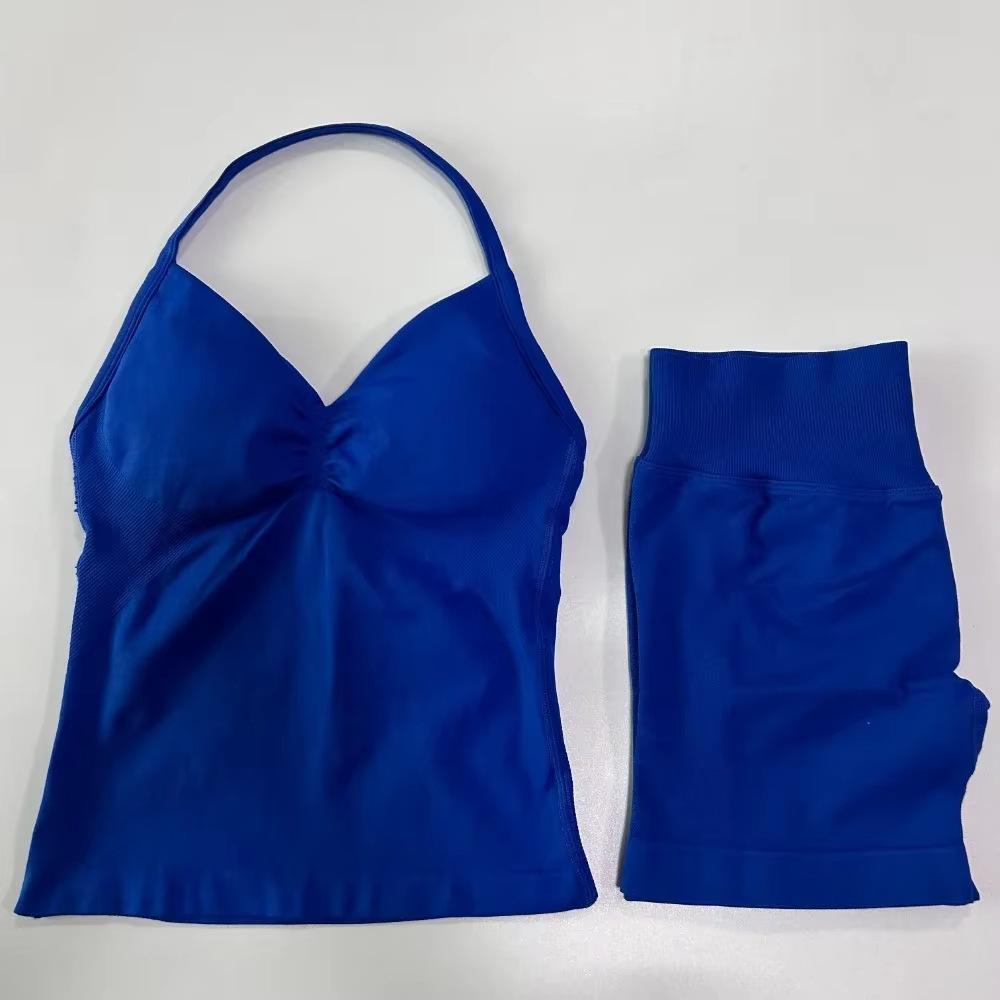 JYL Seamless Backless Two Piece Set Padded Halter Top Fitness Shorts
