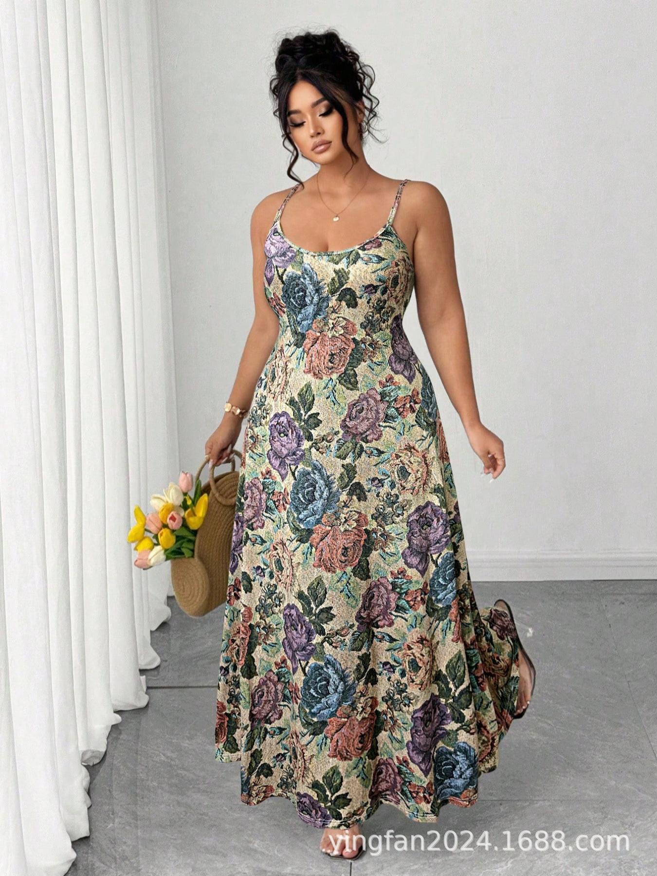 Plus Size Floral Strappy Summer Dress for Women in Europe & America 2XL