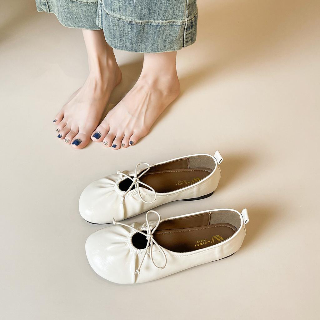 French Round Head Versatile Ballet Flat Mary Jane Shoes 2025 New Fashionable and Comfortable Soft Leather Bow Single Shoes Women