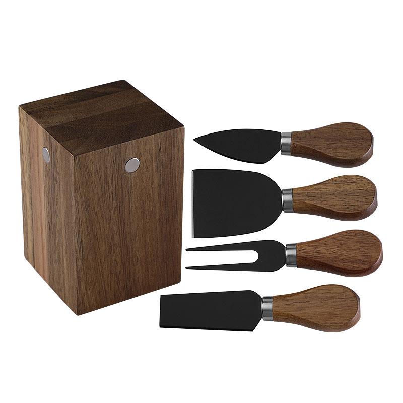 Acacia Wood Magnetic Cheese Knife Holder Cheese Knife and Fork Set Stainless Steel Cheese Knife 5-piece Set