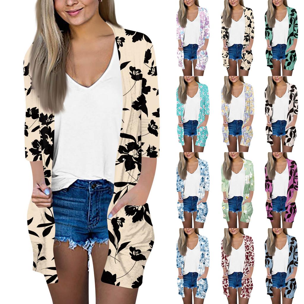 Women's Fashion Loose Casual Pocket Printed Cardigan Seven Sleeve Jacket Top