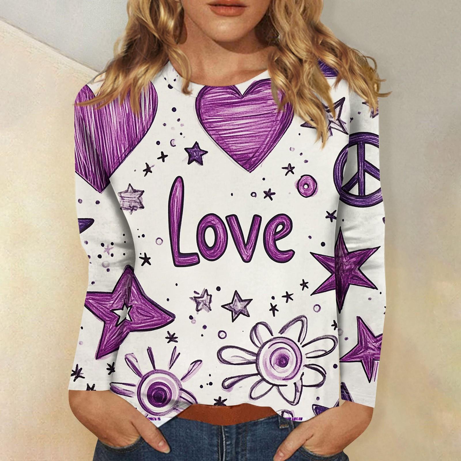 

Женская повседневная мода сексуальный удобный День святого Валентина принтованный круглый вырез длинный рукав топ L светло-фиолетовый