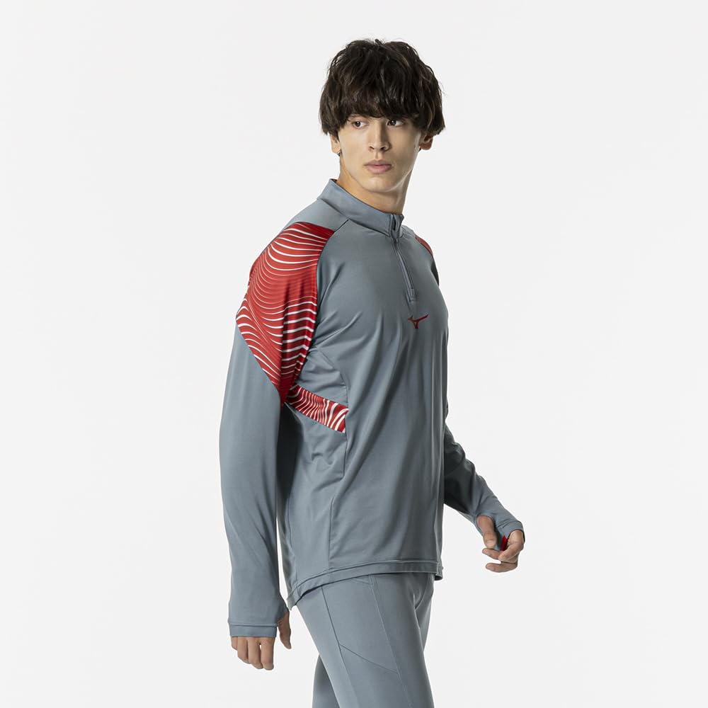 Mizuno Soccer Training Long Slim Lead Gray Top, Half-Zip Shirt, Sleeve, Fit, Unisex, P2MCB036,