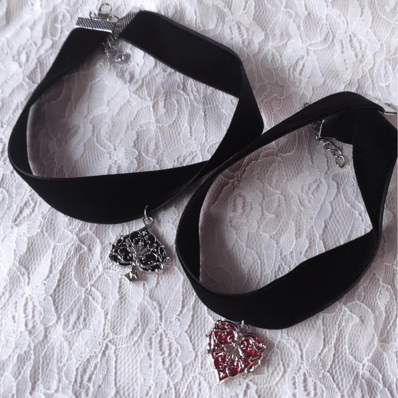 Gothic Black Velvet Choker with Heart and Spade Baroque Pattern