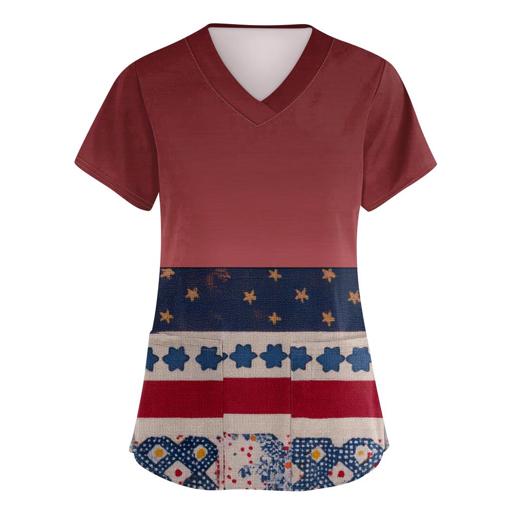 Women's Fashionable V-Neck Short-Sleeved Work Top With Pockets And Independence Day Print  Uniform