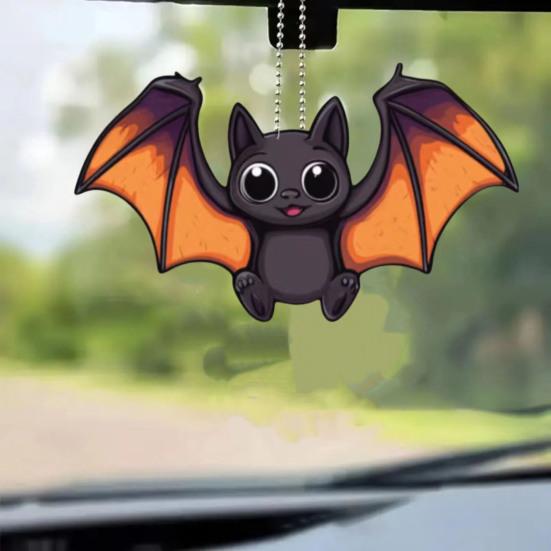 Halloween Car Rearview Mirror Charm Cartoon Bat/Cat/Ghost/Witch Acrylic Pendant 2D Flat Auto Interior Accessories for Cat Backpack Phone