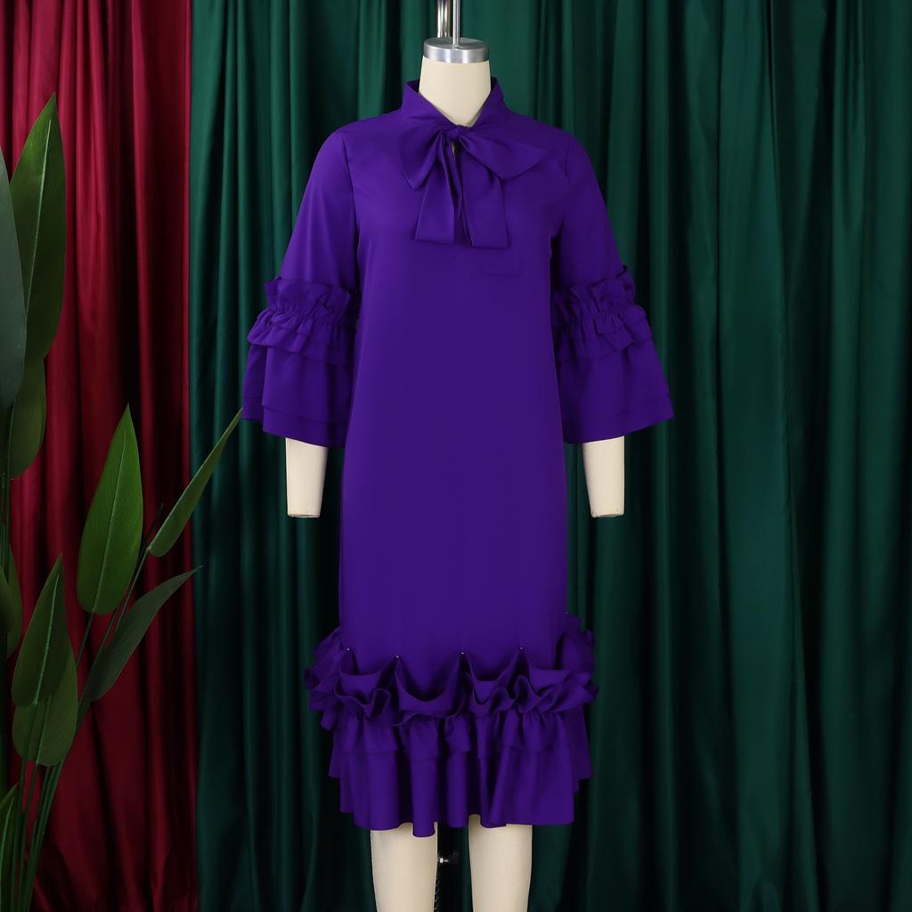 Elegant Office Dresses Women Bow Collar Ruffles Sleeve Straight Mid Calf Fashion Formal Female Business Work Wear Dress Midi Hot