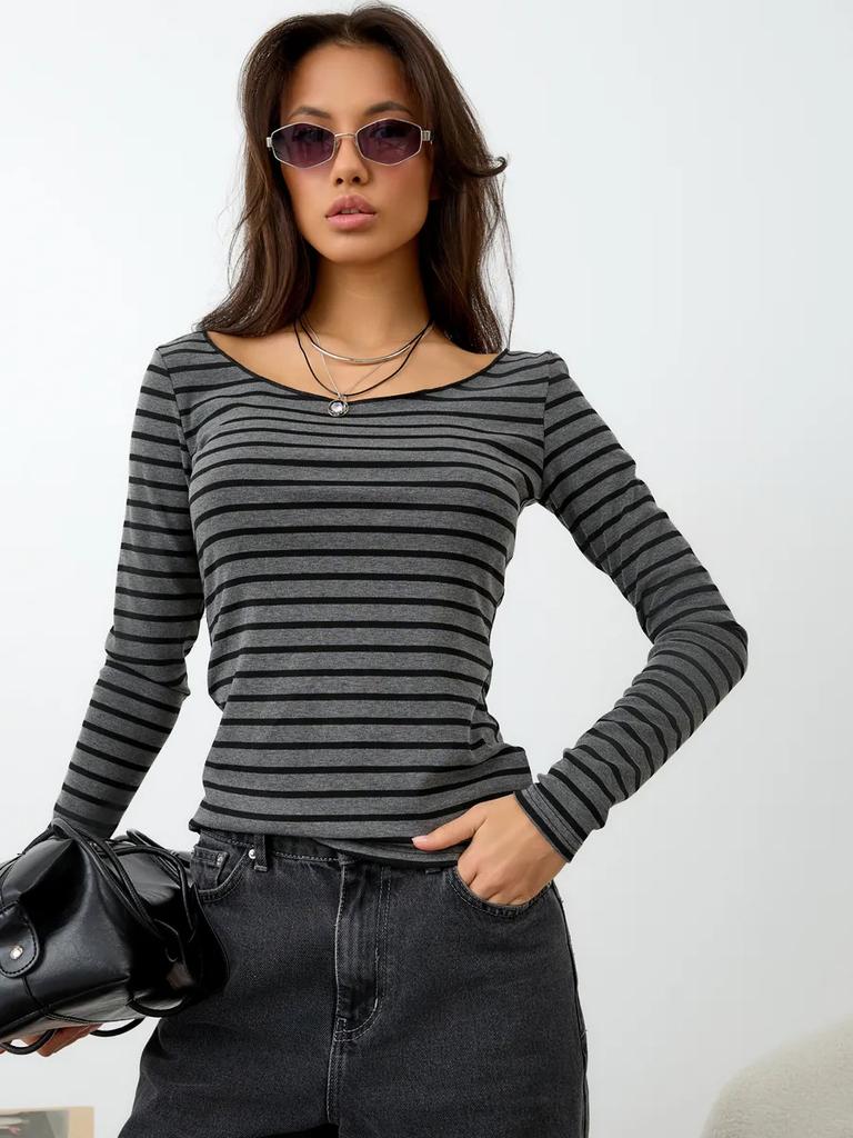 Damski T-shirt w paski z długim rękawem Y2k Top na jedno ramię Casualowy Slim Fit Hot Girl Styl Vintage Modne Ubrania