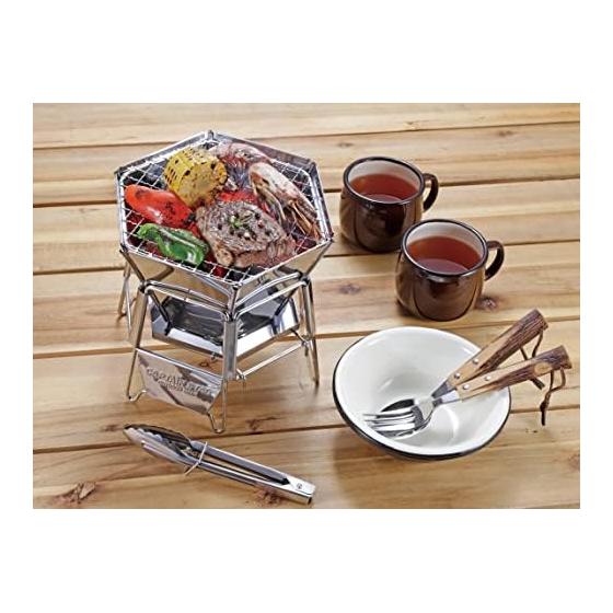 CAPTAIN STAG Bonfire Stand Barbecue Stove Grill 2 In 1 Hexa Stainless Steel Fire Grill Tabletop Grill S Size Stainless Steel Storage Bag Included