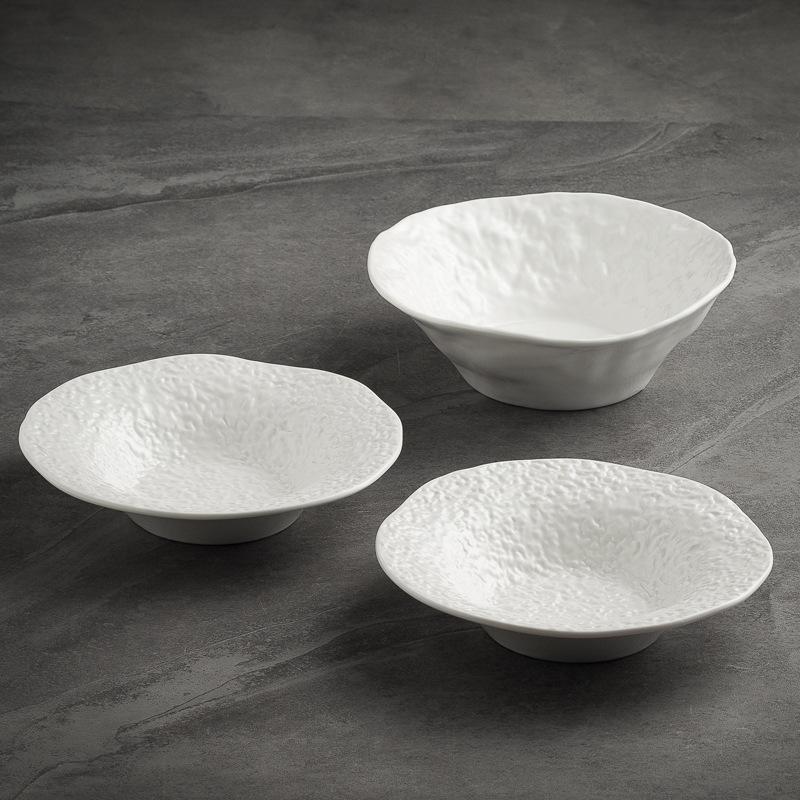 White Porcelain Deep Plate with Rock Pattern Restaurant Soup Bowl Ceramic Breakfast Tableware Salad Ramen Plate Kitchen Utensils