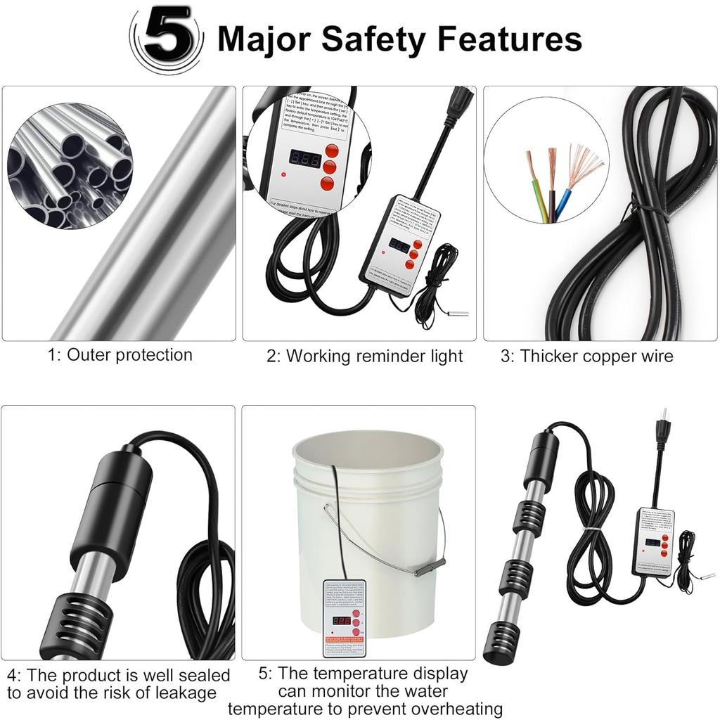 Immersion Water Heater, 1500W Portable Electric 304 Stainless Heaters with Guard Cover, Water Heater for Pool Bathtub -Heat 5 Gallons Water in Minutes