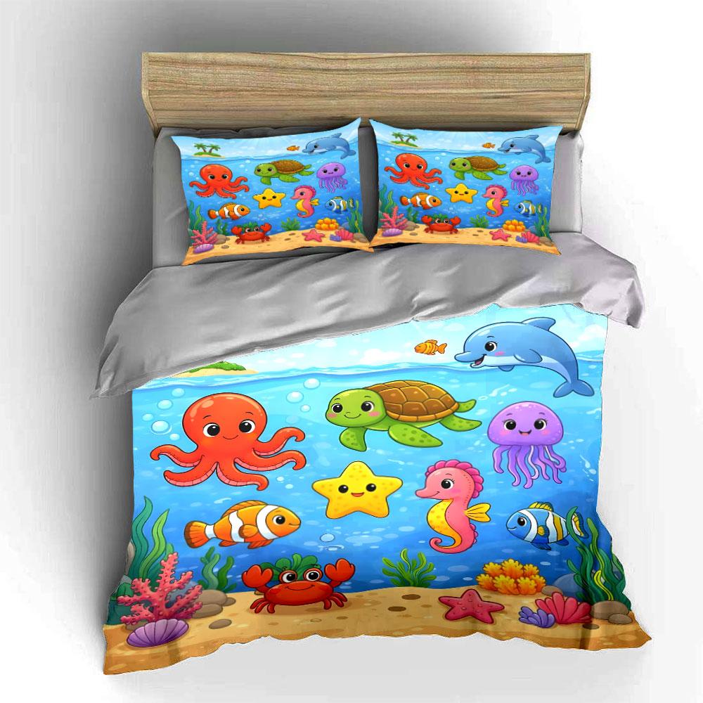 Cute Underwater Ocean Animals Bedding Duvet Cover Set  (1*Duvet Cover 2*Pillowcases, Without Duvet Insert)