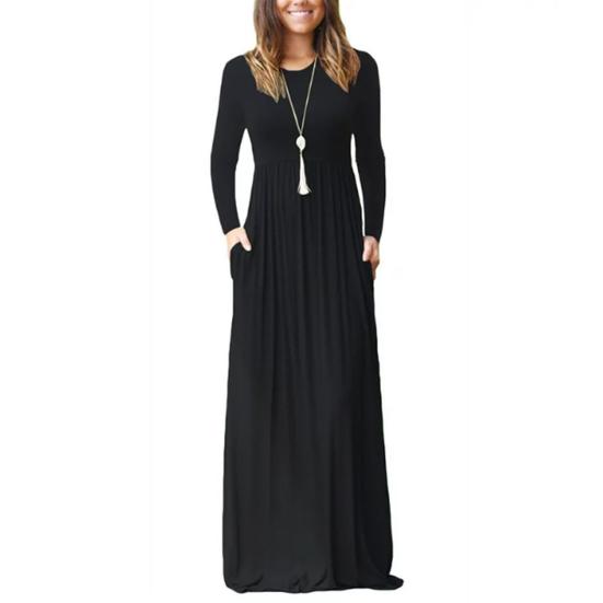 Buy Fall Women Dress Round Neck Pleated Long Sleeve Solid Color Soft  Breathable Ankle-length Pockets Women Daily Maxi Dress at affordable prices   free shipping, real reviews with photos  Joom