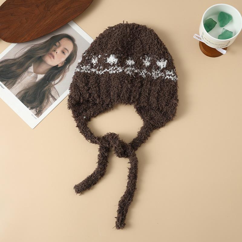 Winter hat women's large brim shows the face small knitted hat ear protection fashion versatile plush warm wool hat