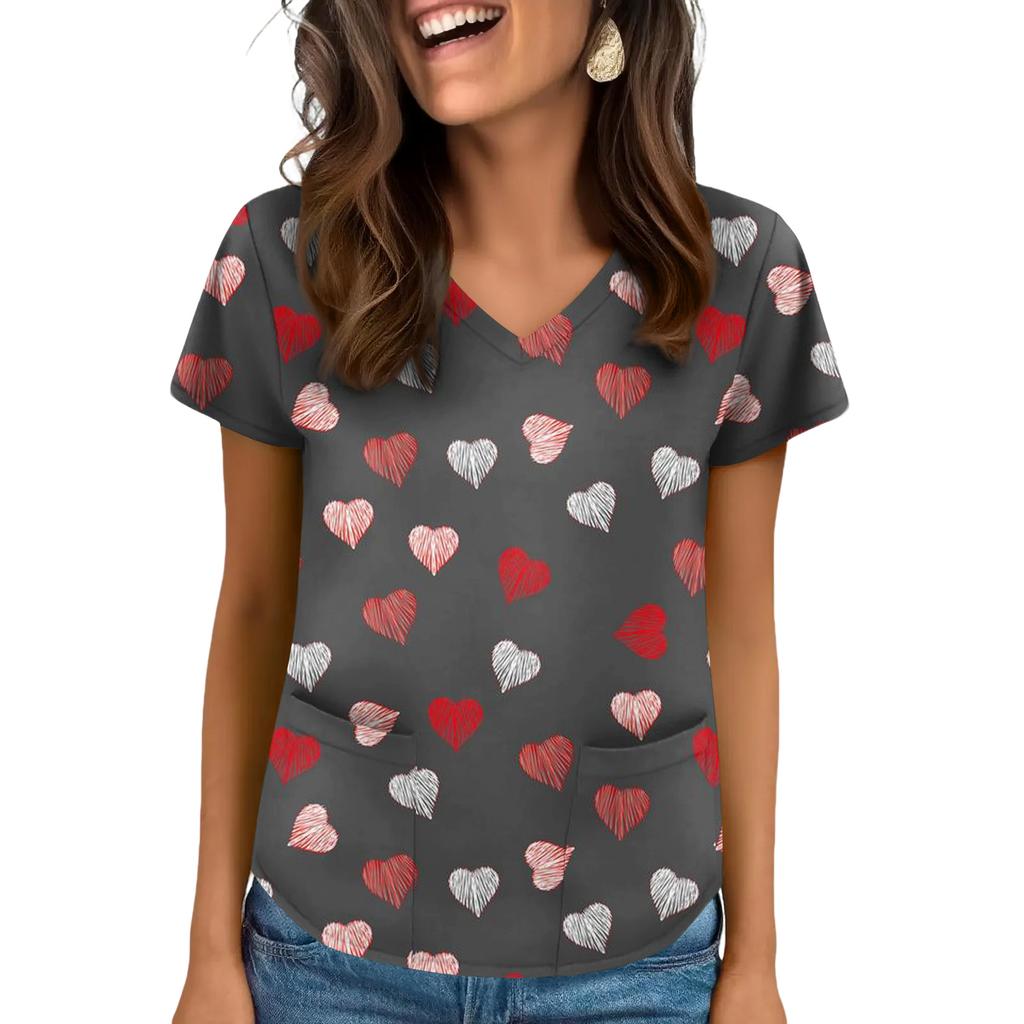 Damen V-Ausschnitt Valentinstag Bedrucktes Kurzarm-Top mit Taschen und Seitenschlitzen, geeignet für Pflegekräfte.