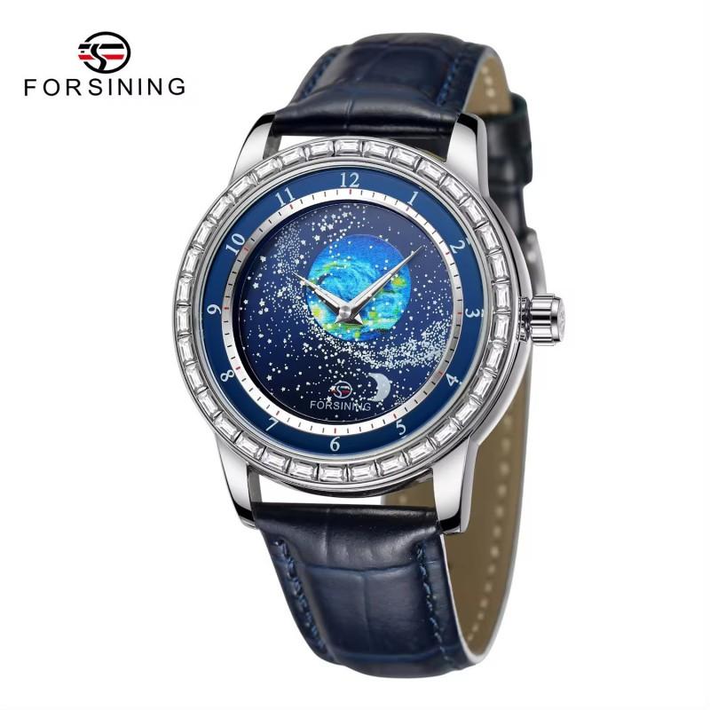 Mens Fashion Casual Mechanical Watch With Starry Sky Dial Rotating Bezel Stainless Steel Buckle Leather Strap