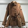 Dark gray imitation suede short trench coat for women, stand-up collar double-breasted epaulet belt waist retro tooling short coat