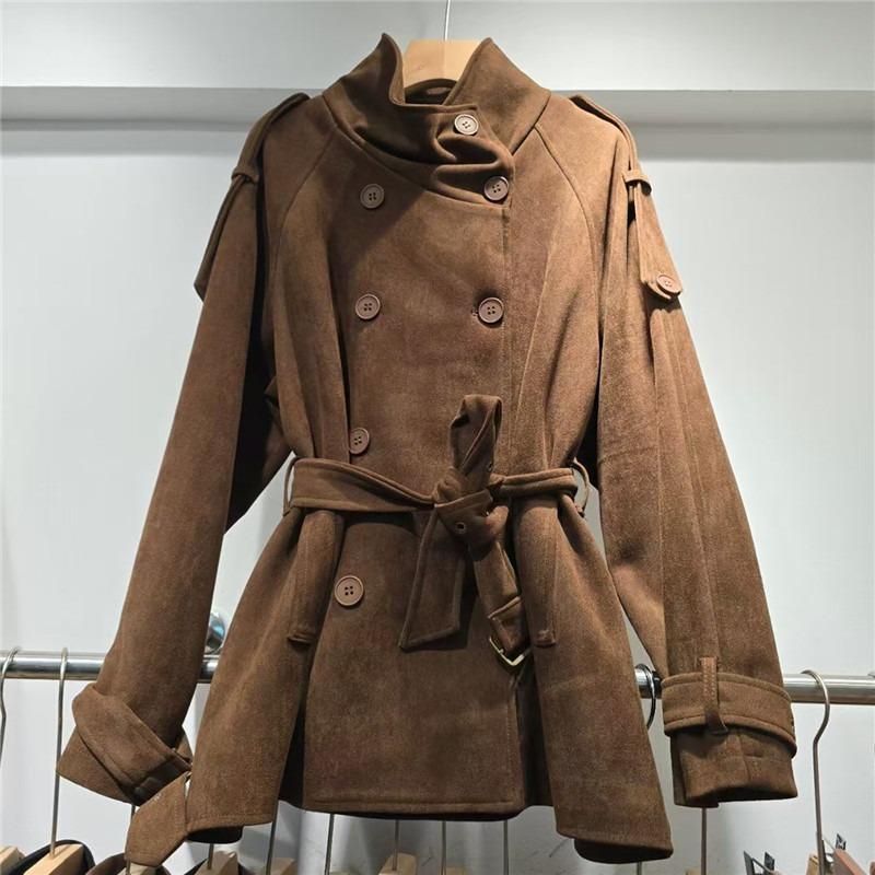 Dark gray imitation suede short trench coat for women, stand-up collar double-breasted epaulet belt waist retro tooling short coat