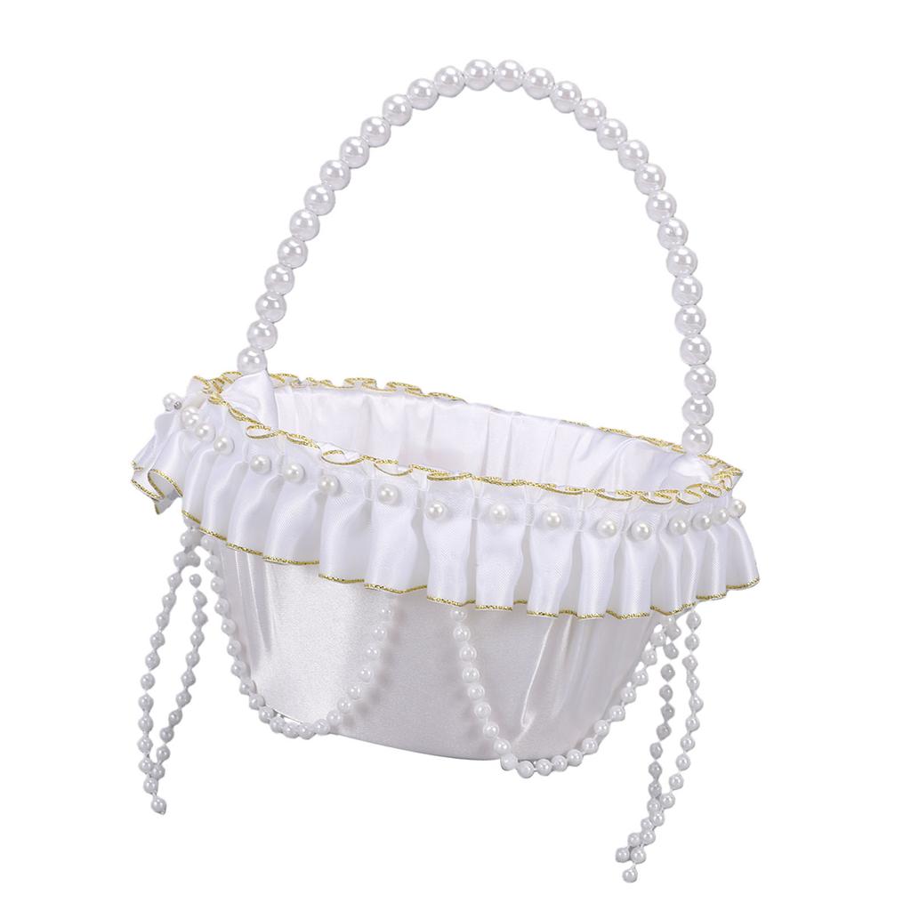 Hochzeit Blumenmädchen Korb mit Perlenhenkel Satin Blume Aufbewahrungskorb für Party Haus Dekoration Weiß
