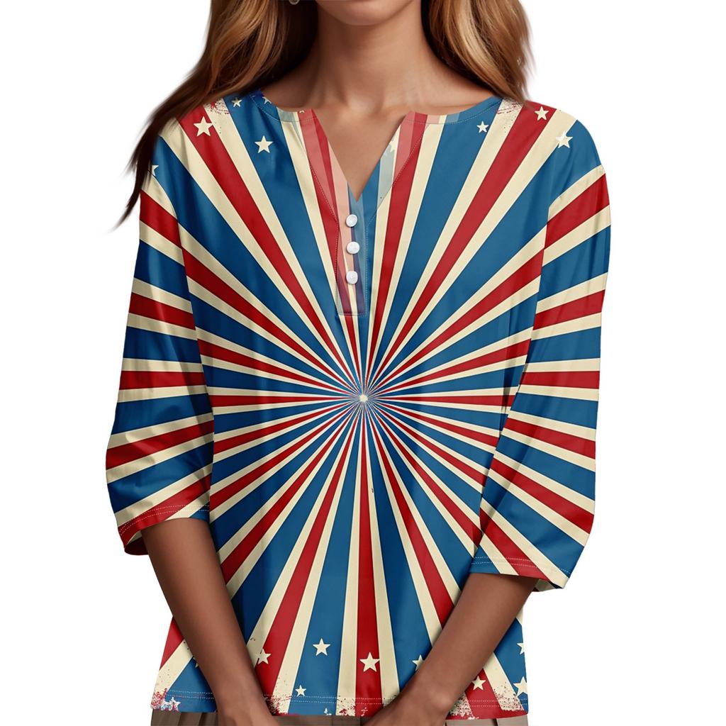 Women's Neck Independence Day Printed Striped Short Sleeve T-Shirt Top