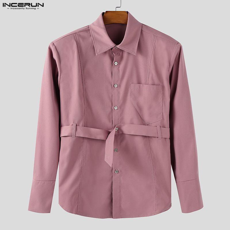 INCERUN S-5XL Men Casual Lapel Neck Long Sleeve Buttons Up Belt Shirts Tops