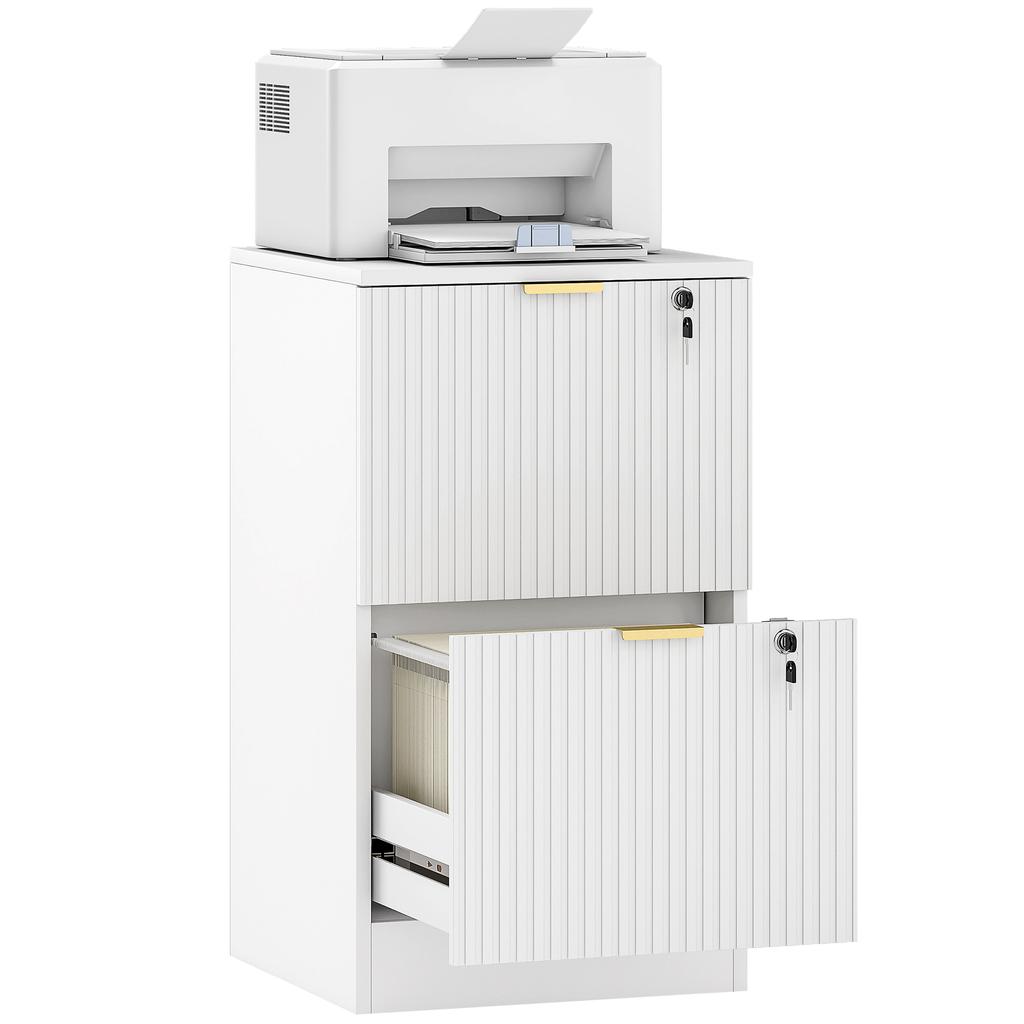 Filing Cabinet, Fluted Vertical File Cabinet with 2 Lockable Drawers and Hanging Rails, White