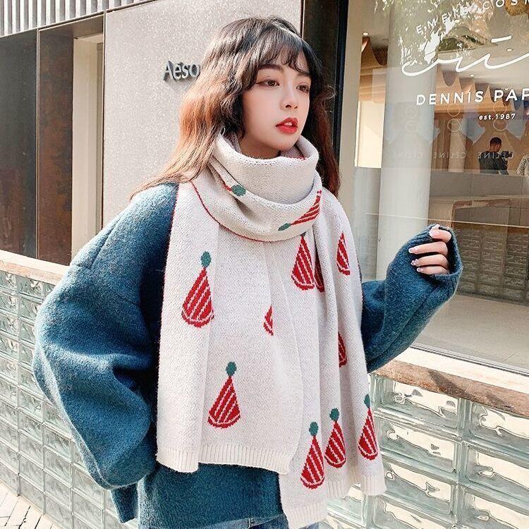 Christmas elk knitted wool scarf women's winter warm red scarf Korean version versatile Japanese scarf
