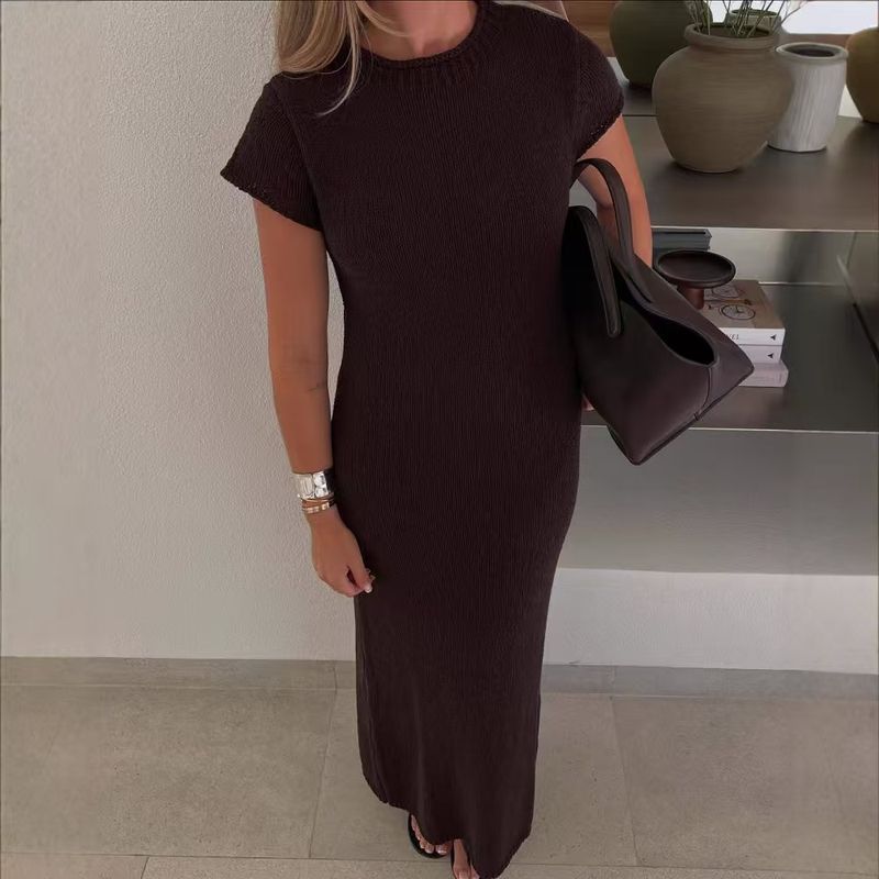 

Fashion New Arrival Fashion Silm Knitting Short Sleeve Split Dress Knitted Short Sleeve Dress Deep coffee. S