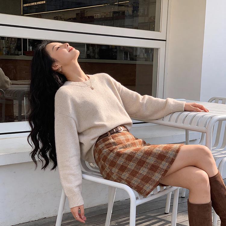 Feiyuan Women's Retro Plaid Wool Midi Skirt with Belt - Stylish Korean Pencil Skirt for Early Spring