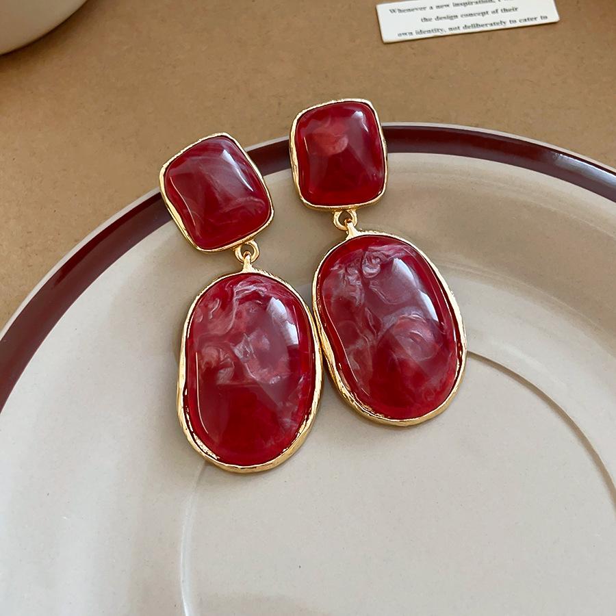 Silver Needle Retro Resin Marbled Oval Geometric Stud Earrings - Elegant, Simple Fashion Accessories for Women