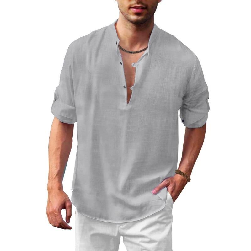 Men's Linen Henry Shirt Stand-up Collar Long-sleeved Casual Beach Shirt