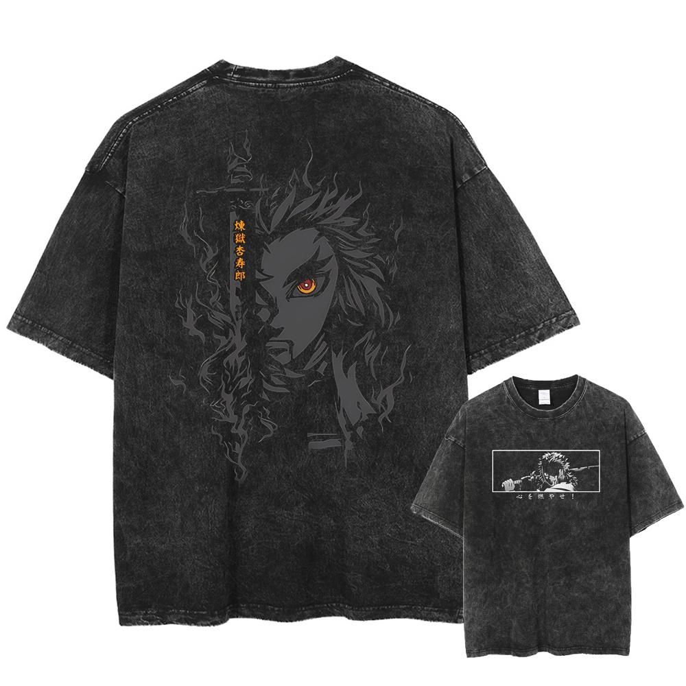 Men Streetwear Summer Rengoku Kyoujurou Top Tee Harajuku Anime Demon Slayer Printed T-shirt Vintage Washed Oversized Tshirt