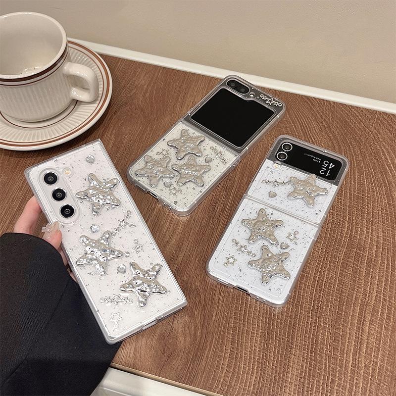 Applicable To Samsung Zflip6 Flip Folding Screen Zfold Mobile Phone Case Transparent Glitter W24Flip Female Star