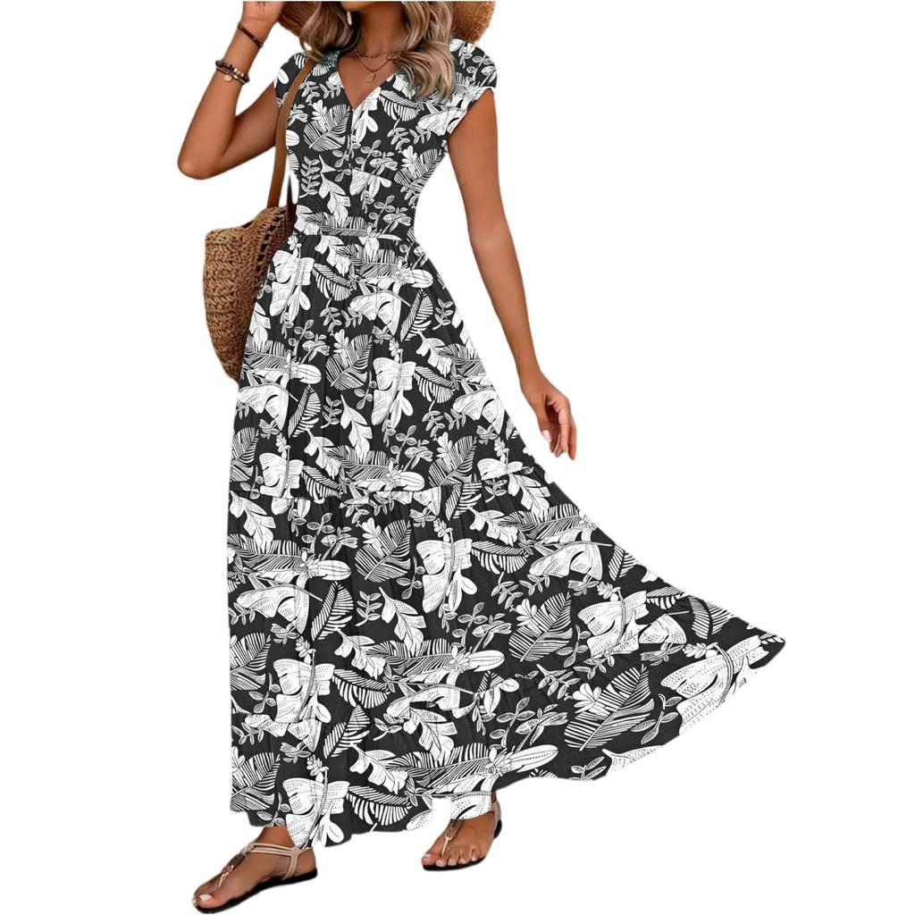 Women Vintage Floral Print V Neck Waist Cinched Short Sleeve Maxi Dress Casual Summer Long Dress for Daily Wear