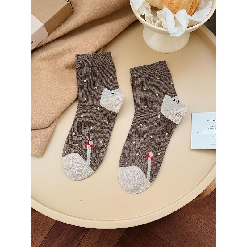 Ladies Autumn Winter Cotton Cute Cartoon Puppy Striped Curled Edge Double Mouth in Color Contrast Tube Socks