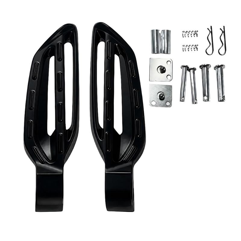 Motorcycle Passenger Footboards, Aluminum Rear Support Pair with Open-Frame Bodies, Ridged Treads, and Mounting Hardware