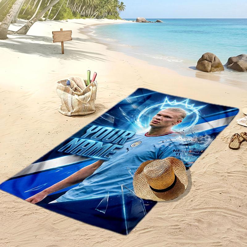 Asciugamano da Spiaggia Personalizzato Stampato Erling Haaland Logo Calcio Supporto Nome Personalizzato Testo Asciugamano Assorbente Per Sport Viaggio Regalo Speciale