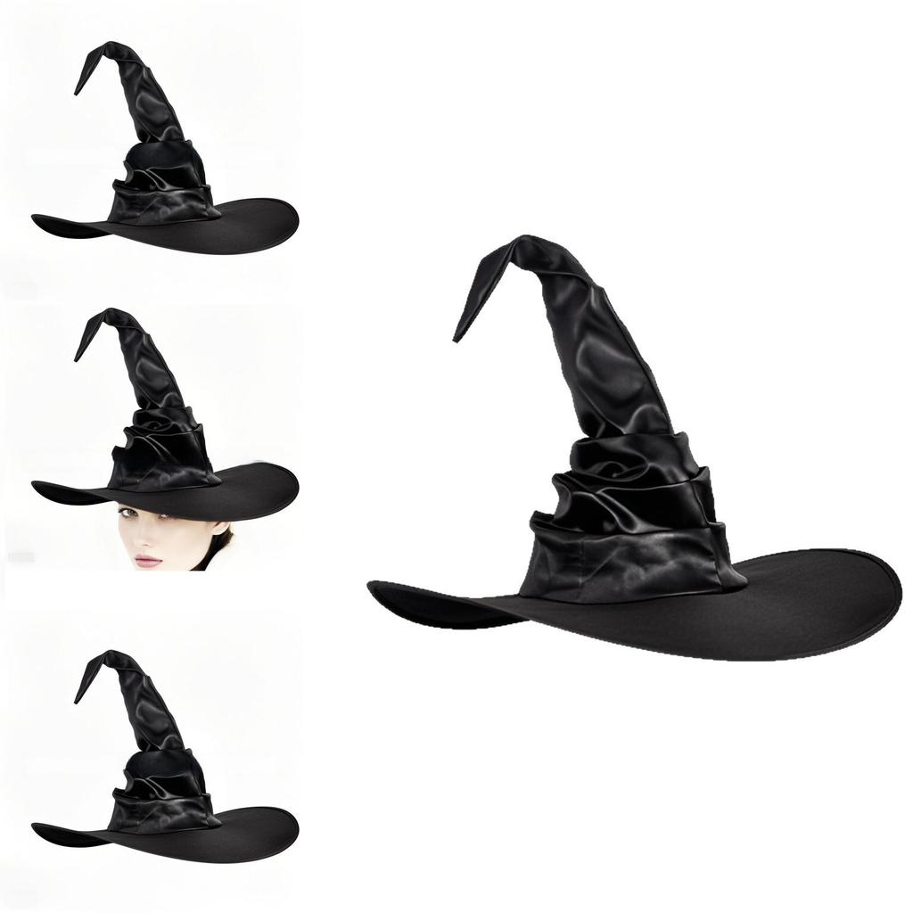 Curled Brim Witch Hat With Fabric Craftwork For Halloween Dress Up Accessories