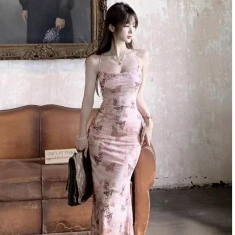 2026 Pure desire broken flower butterfly suspender dress fairy slim temperament design sense Spice girl long skirt spring and summer