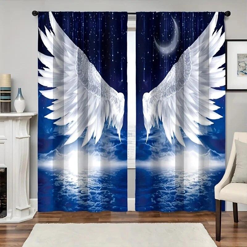 3D Digital Printing Cheap Modern Angel Wings Black And White Shading 2 Panels Window Curtain For Bedroom Living Room Home Decor