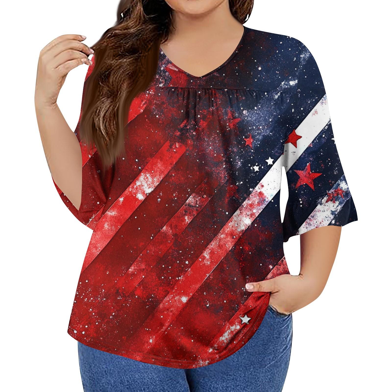 

Женская мода повседневная футболка с V-образным вырезом, рукавами-семью, оборками, принтом «День независимости», топы, женские топы больших размеров XXL винный