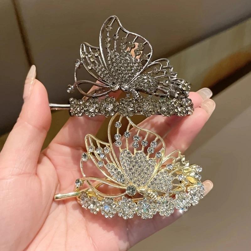 1PC Zinc Alloy Rhinestone Butterfly Twist Clip, High-end Light Luxury Word Clip, Elegant and Exquisite Headwear, Hair Accessorie