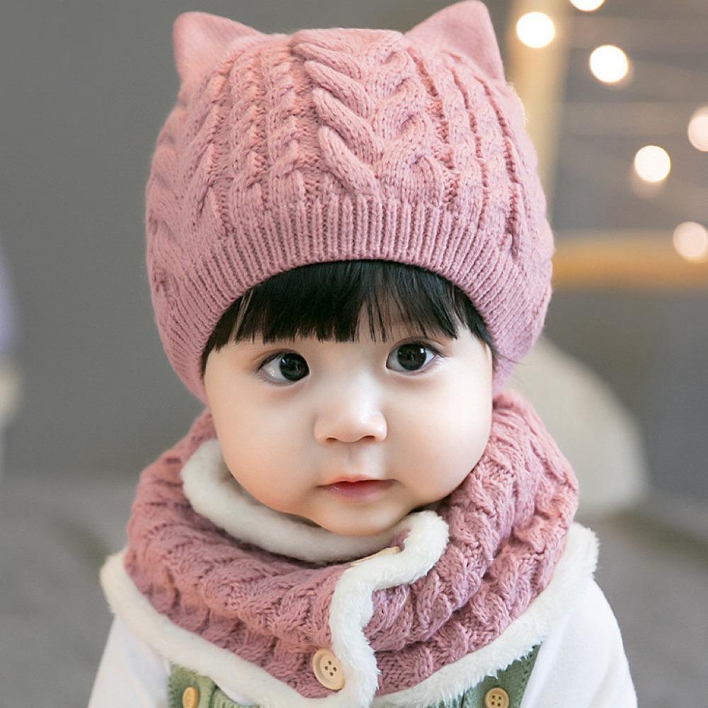 Soft Warm One Piece Hat Scarf Winter Children Bonnet Hats Lovely Baby Knitted Hats  Boys Girls