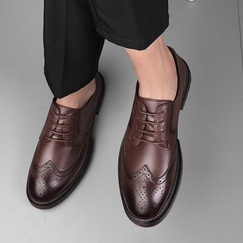 Brand Mens Oxford Genuine Leather Shoes Black Brown Handmade Lace Up Round Head Dress Shoes Wedding Office Business Formal Shoes