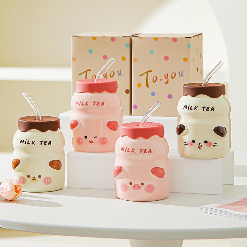 Animal ceramic straw cup with lid Summer essential water cup Girls household cup Juice cup Cold drink cup