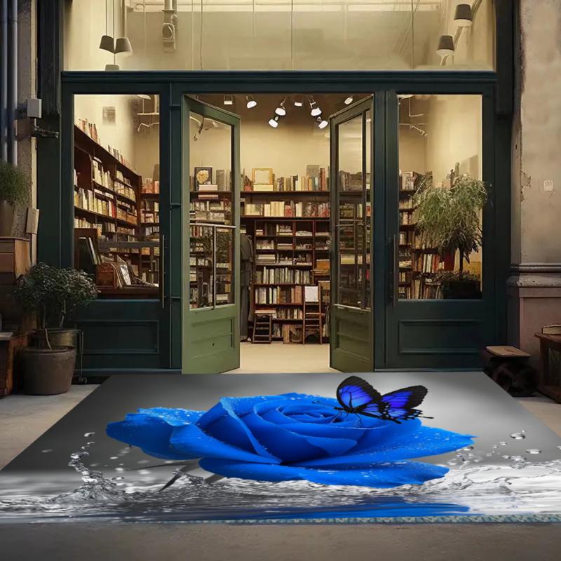Blue Rose Rug Butterfly Floral Entryway Doormat NonSlip Easy Clean Elegant Decor Carpet for Living Room Bedroom Pet Friendly