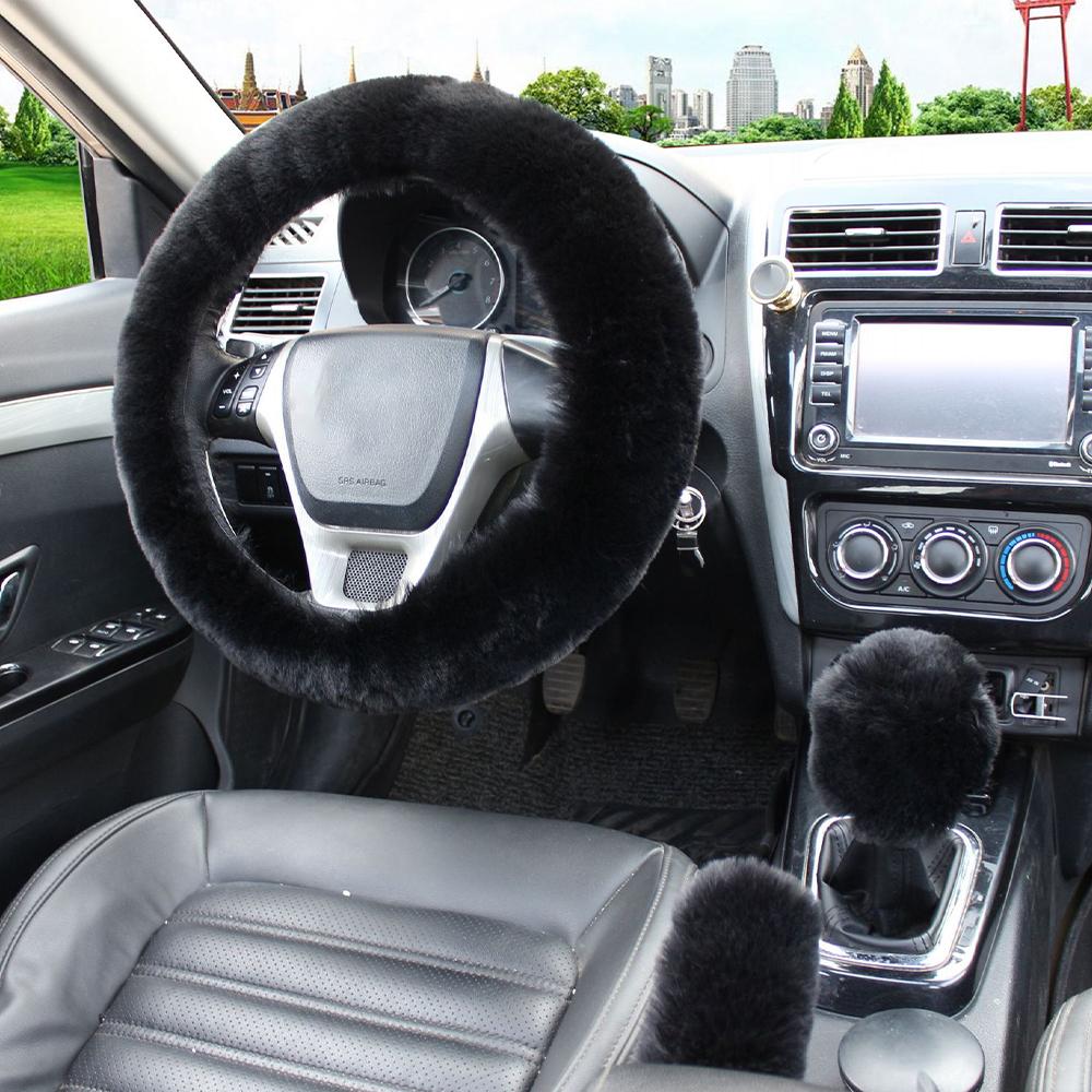 Car Steering Fur Wheel Cover Gear Shift Handbrake Cover with Winter Warm Wool Fashion for Girl Women Ladies