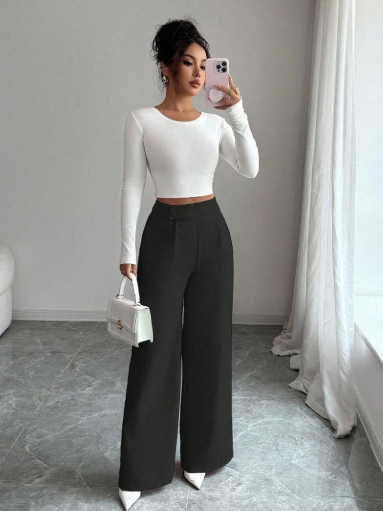 2026 Spring Autumn Wide Leg Pants Spliced Button Decor High Waist Casual Loose Long Pants for Women Solid Color Office Simple Elegant Trousers